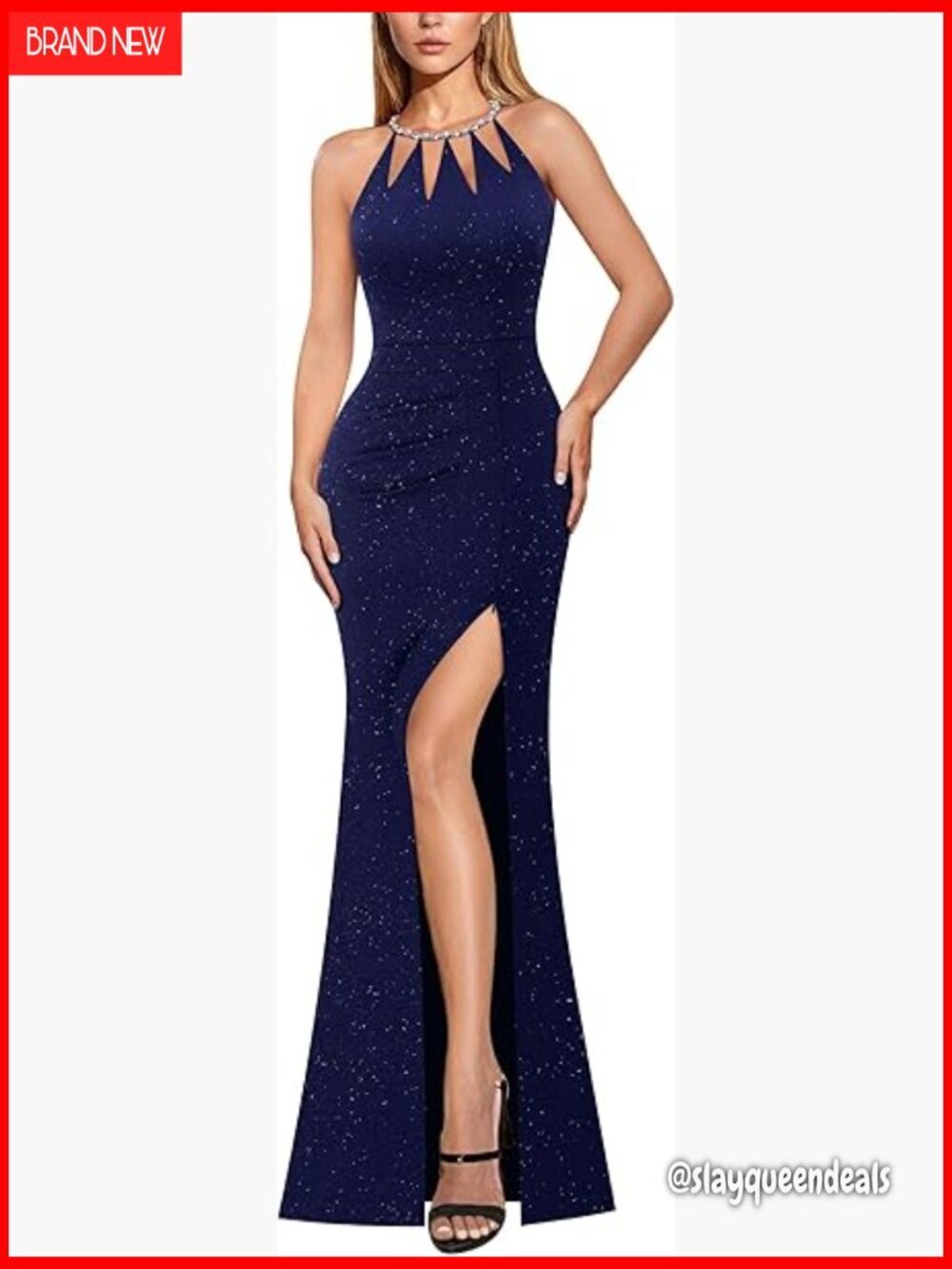 Sexy Cut Out Beaded Halter Formal Prom Maxi Dress Ruched High Slit Evening Gown